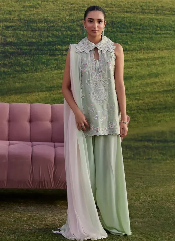 Farah Talib Aziz Luna Eid 26 Green Raw Silk – view 1 – Poshaq