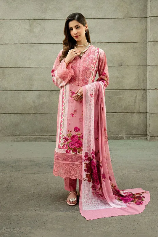 Imrozia Premium Dahlia Lawn Pink Organza – view 1 – Poshaq
