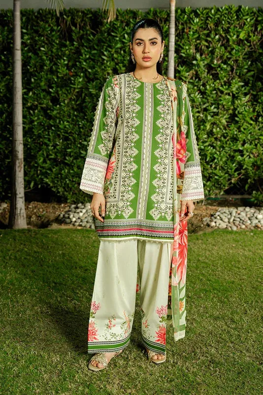 Imrozia Premium Dahlia Lawn Green Organza – view 1 – Poshaq