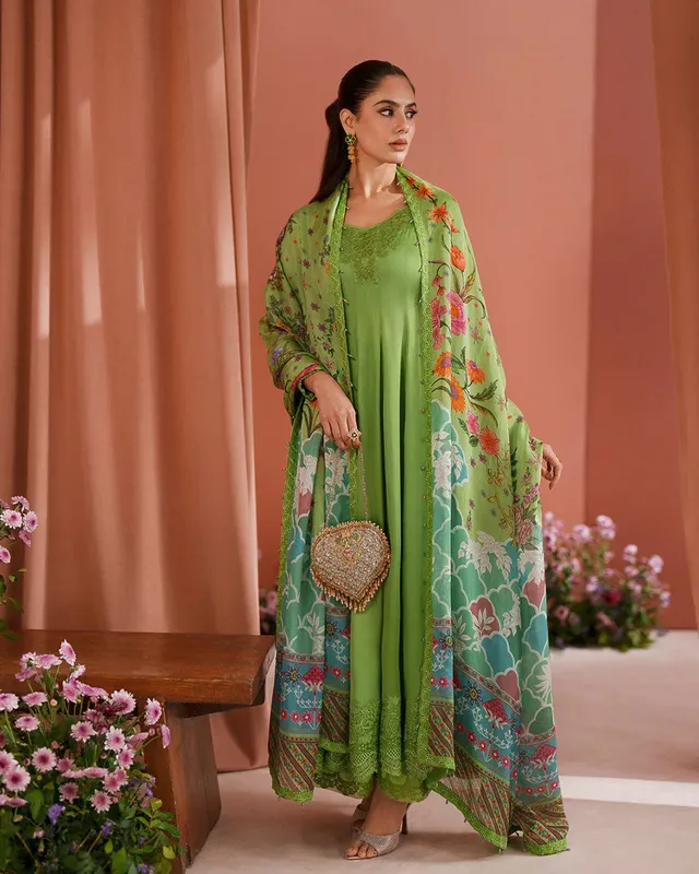 Faiza Saqlain Roim Pret Green Silk – view 1 – Poshaq