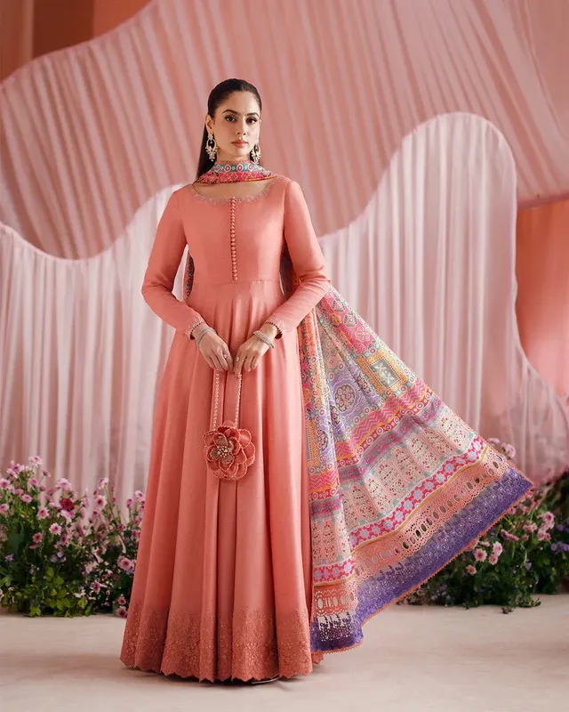 Faiza Saqlain Roim Pret Coral Raw Silk – view 1 – Poshaq
