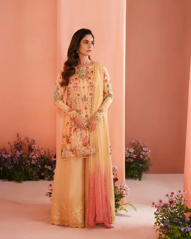 Faiza Saqlain Roim Pret Yellow Raw Silk – view 1 – Poshaq