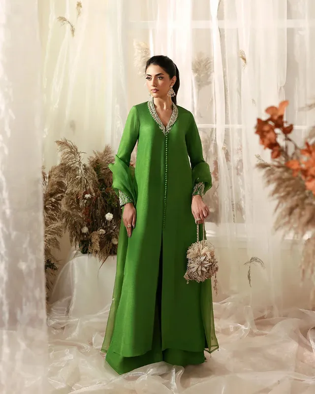 Raw silk shirt and flared pant with organza dupatta, elegant three‑piece set – view 1 – Poshaq