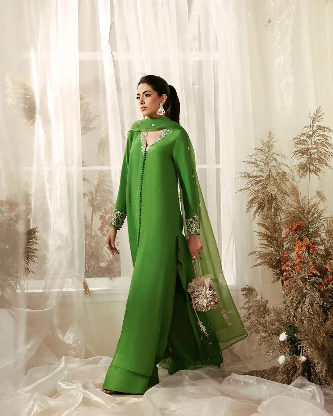 Raw silk shirt and flared pant with organza dupatta, elegant three‑piece set – view 3 – Poshaq