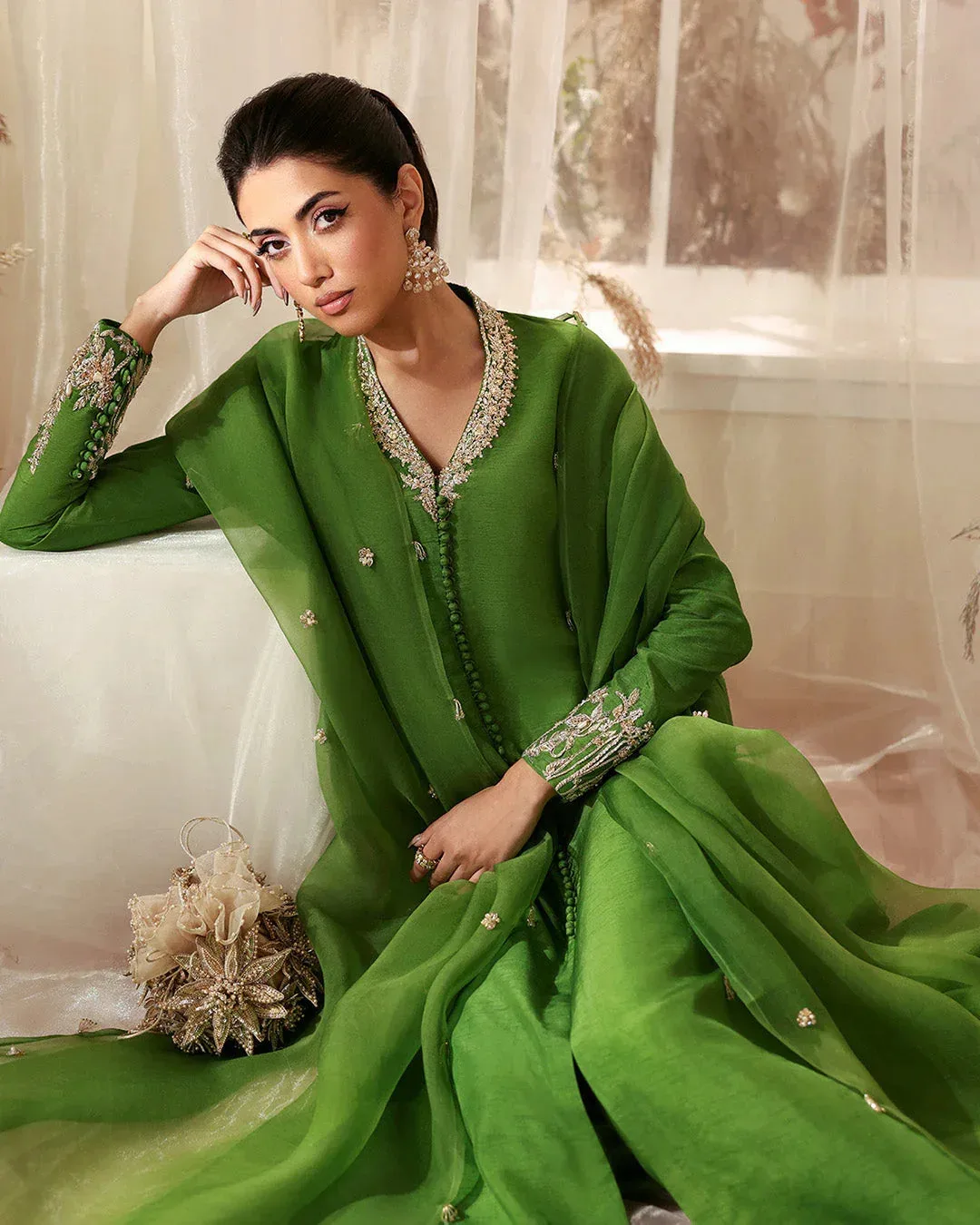 Raw silk shirt and flared pant with organza dupatta, elegant three‑piece set – view 6 – Poshaq