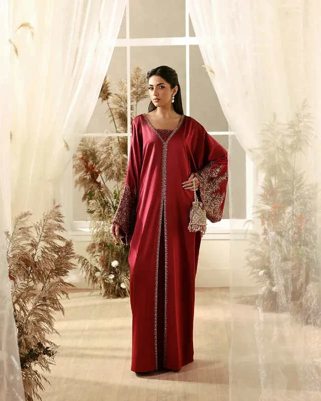 Wine coloured Raw Silk kaftan with subtle sequin detailing – view 1 – Poshaq