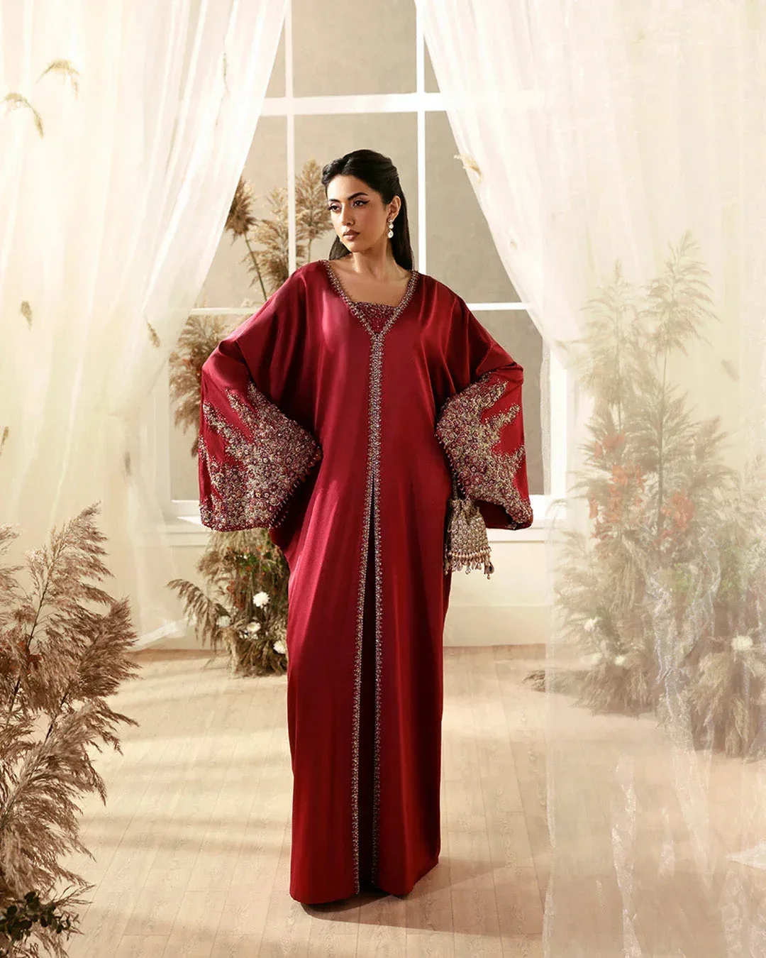Wine coloured Raw Silk kaftan with subtle sequin detailing – view 2 – Poshaq
