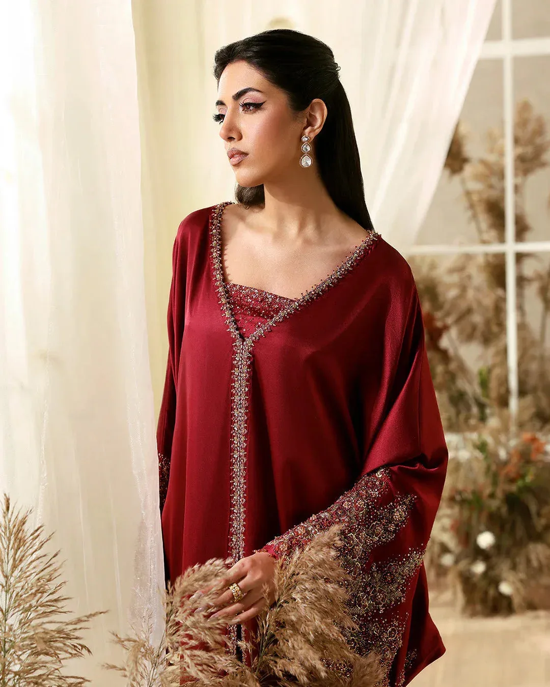 Wine coloured Raw Silk kaftan with subtle sequin detailing – view 3 – Poshaq