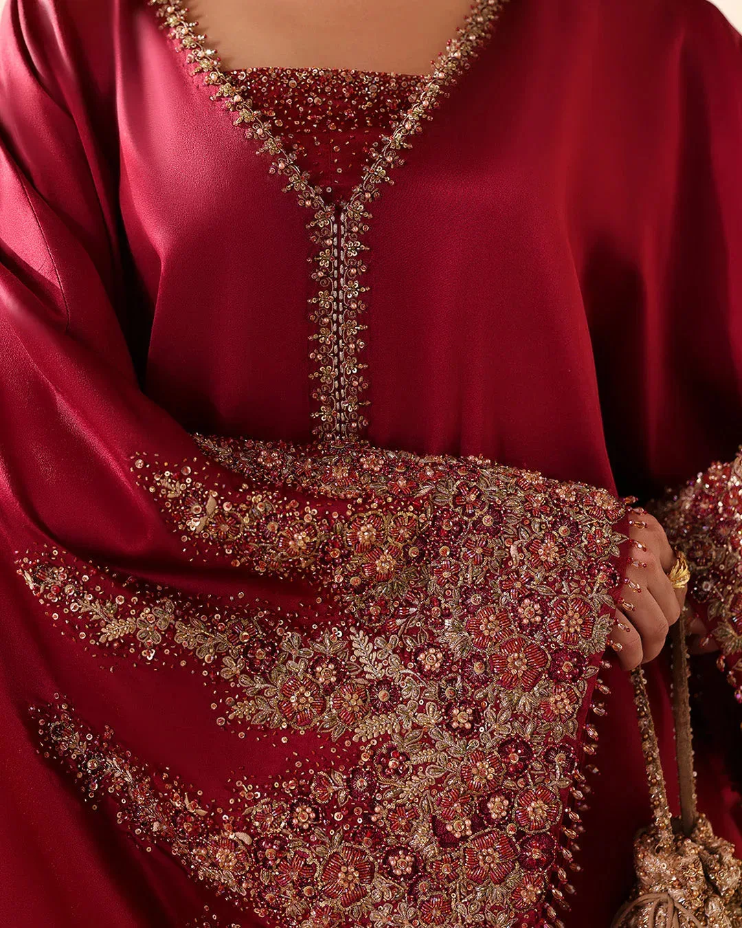 Wine coloured Raw Silk kaftan with subtle sequin detailing – view 4 – Poshaq