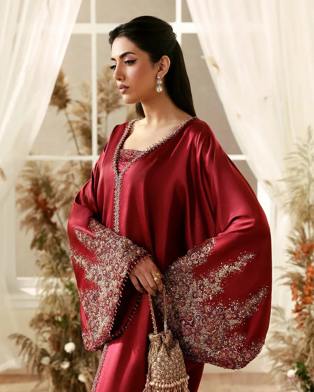 Wine coloured Raw Silk kaftan with subtle sequin detailing – view 5 – Poshaq