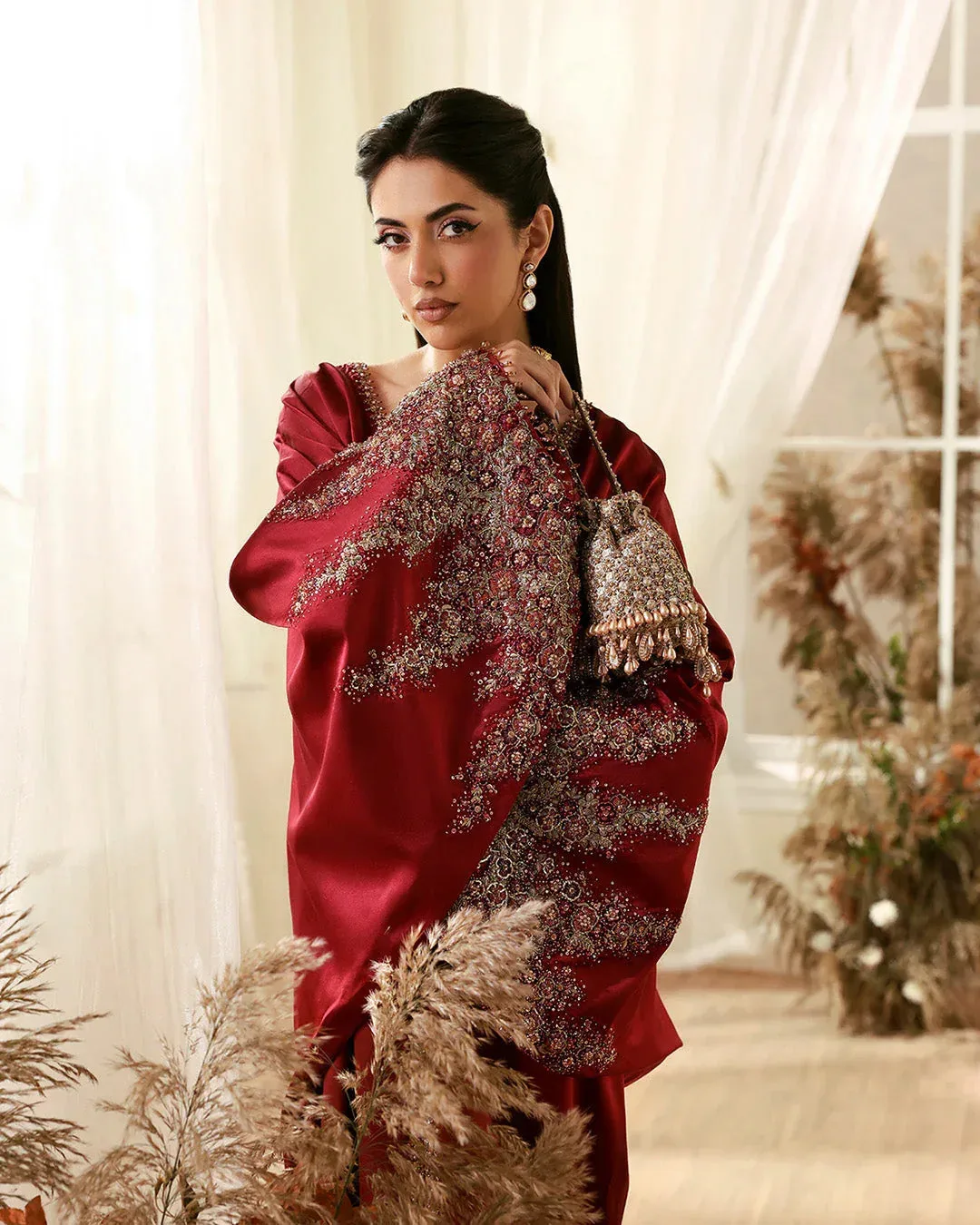 Wine coloured Raw Silk kaftan with subtle sequin detailing – view 6 – Poshaq