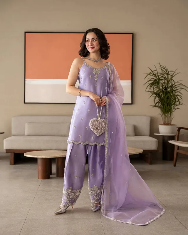 Faiza Saqlain Reina Luxe Lilac Organza – view 1 – Poshaq