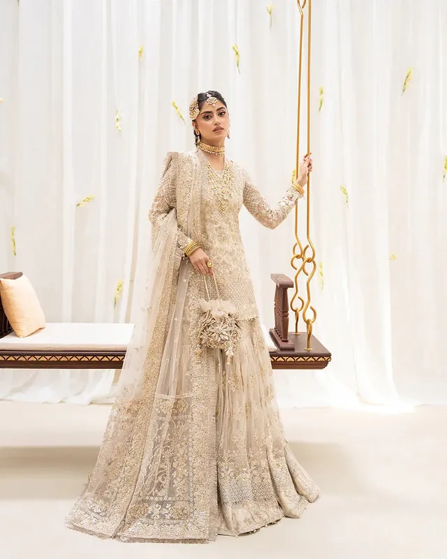 Faiza Saqlain Rua Wedding Formals Ivory Net – view 1 – Poshaq