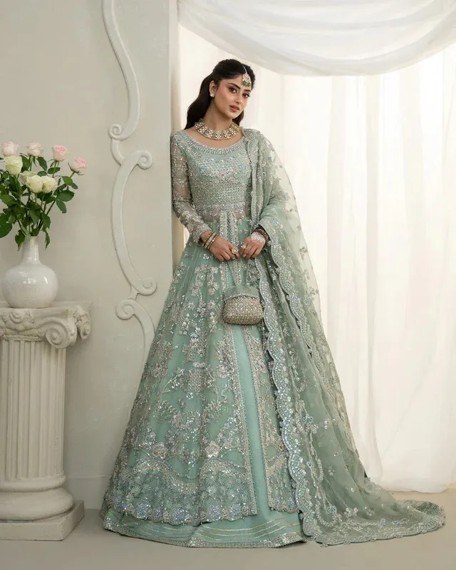 Faiza Saqlain Rua Wedding Formals Green Raw Silk – view 1 – Poshaq