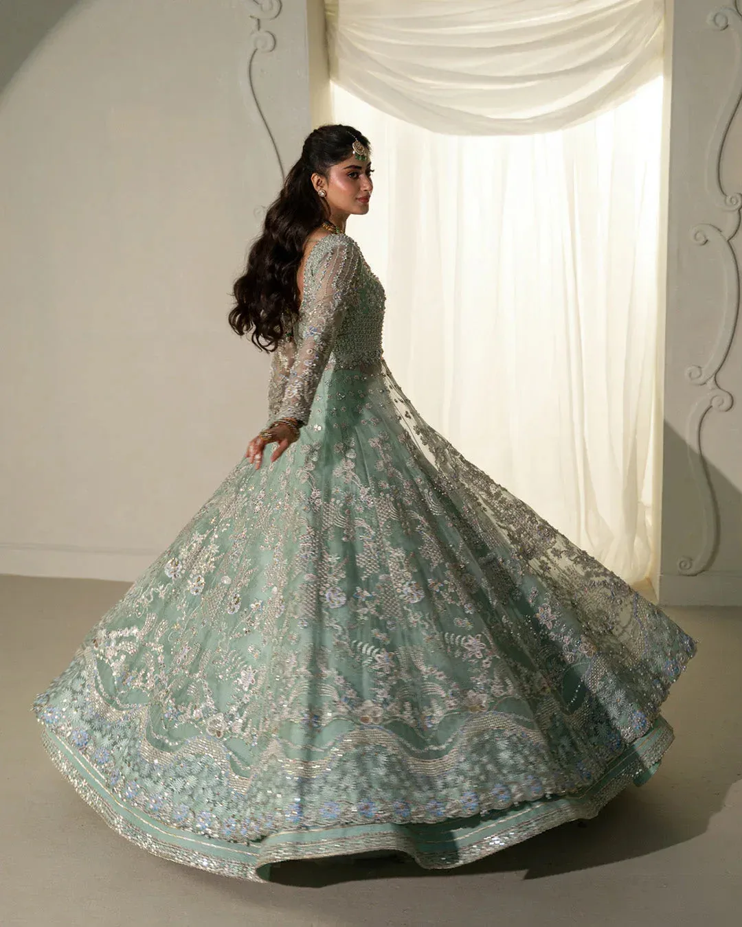 Faiza Saqlain Rua Wedding Formals Green Raw Silk – view 2 – Poshaq