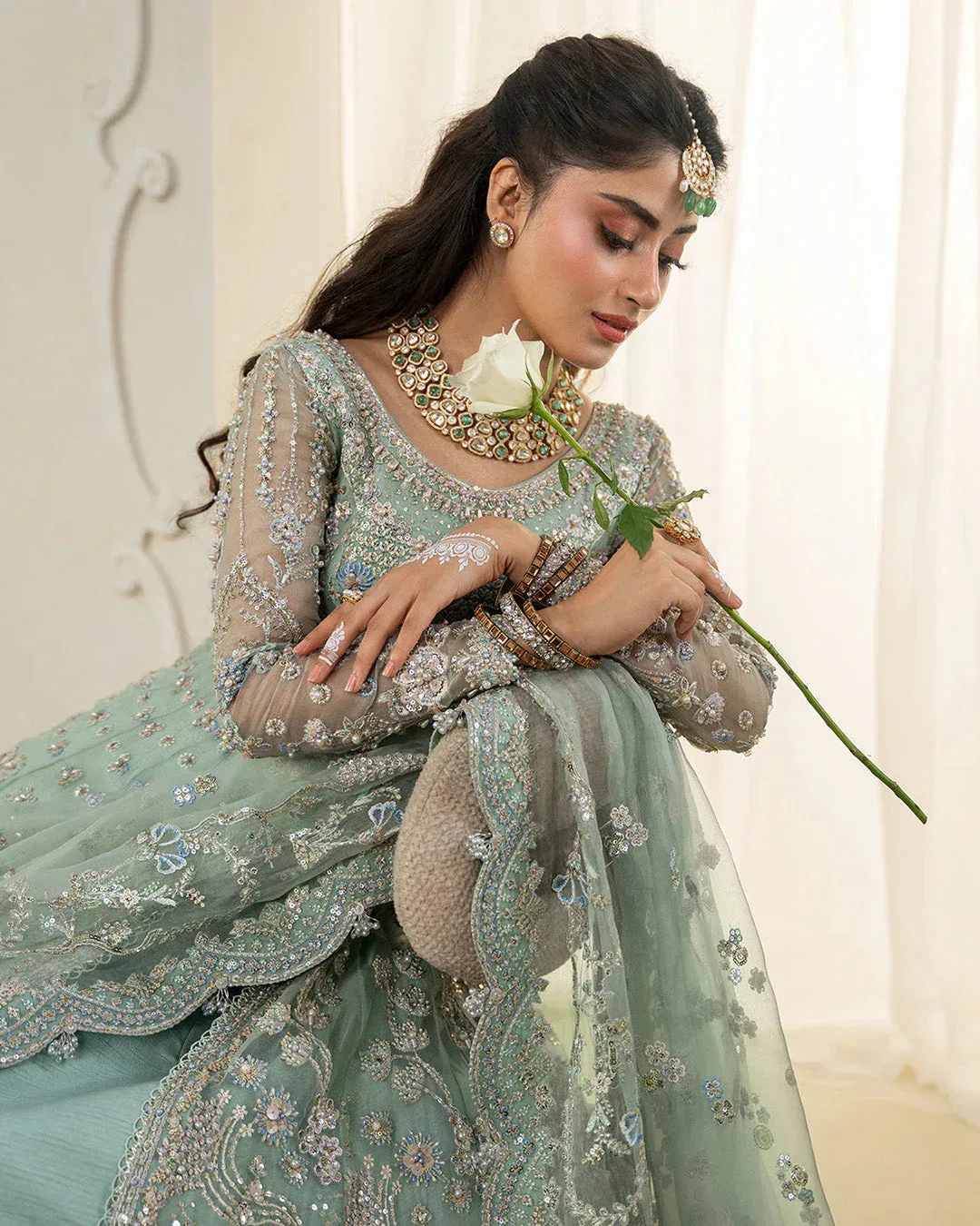 Faiza Saqlain Rua Wedding Formals Green Raw Silk – view 3 – Poshaq