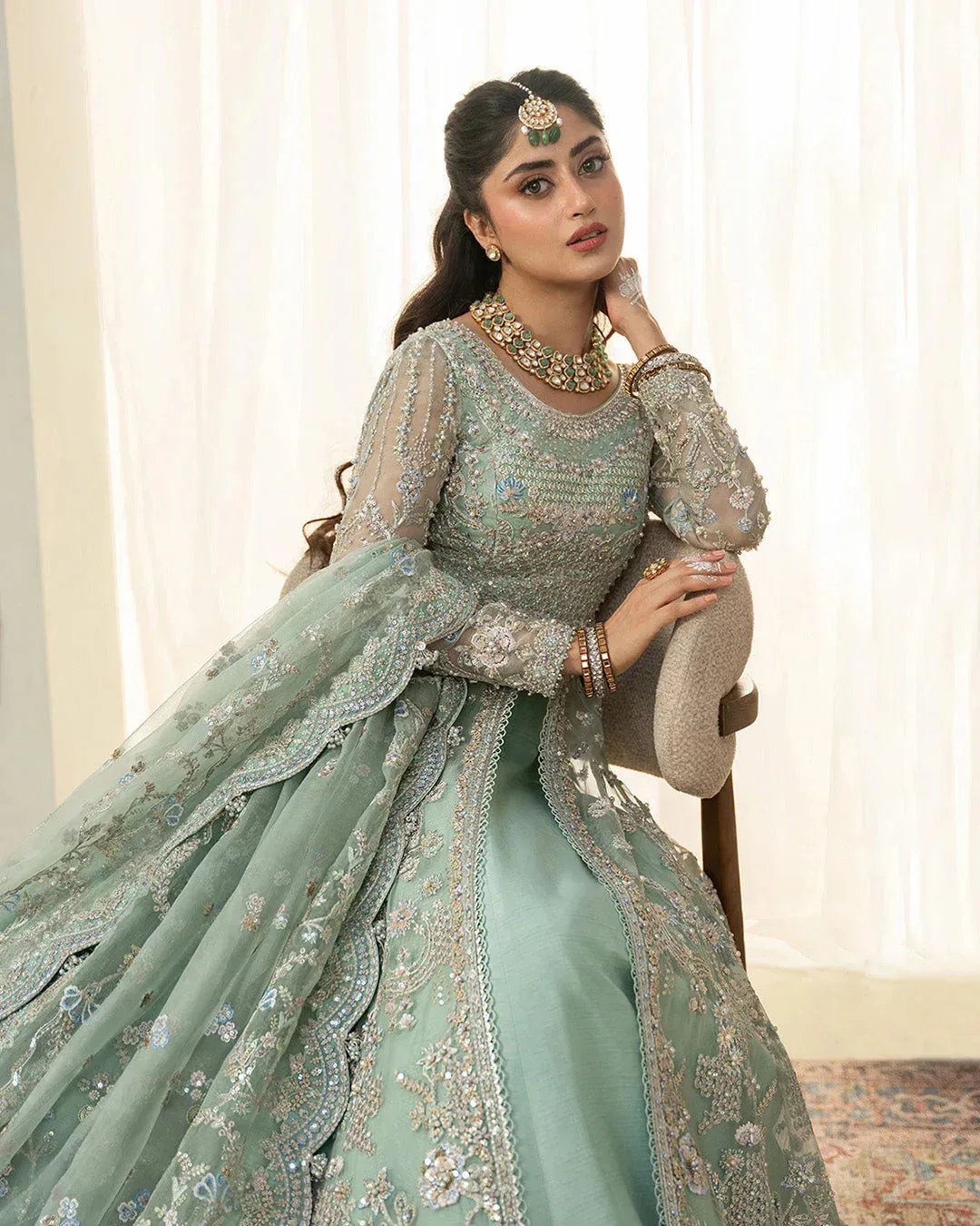 Faiza Saqlain Rua Wedding Formals Green Raw Silk – view 4 – Poshaq
