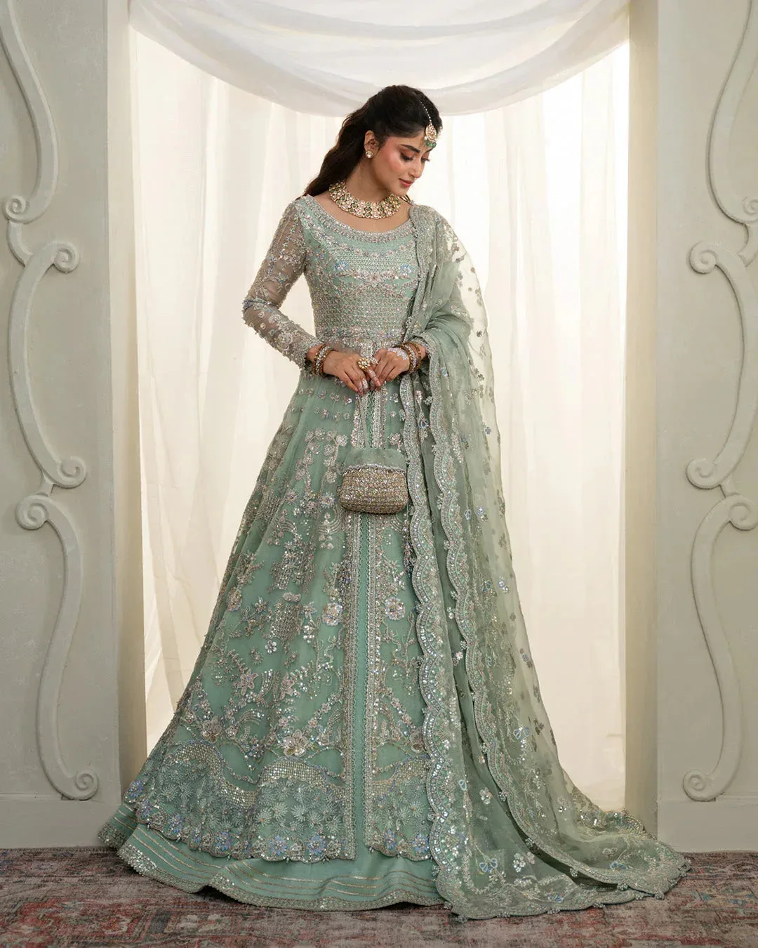 Faiza Saqlain Rua Wedding Formals Green Raw Silk – view 5 – Poshaq