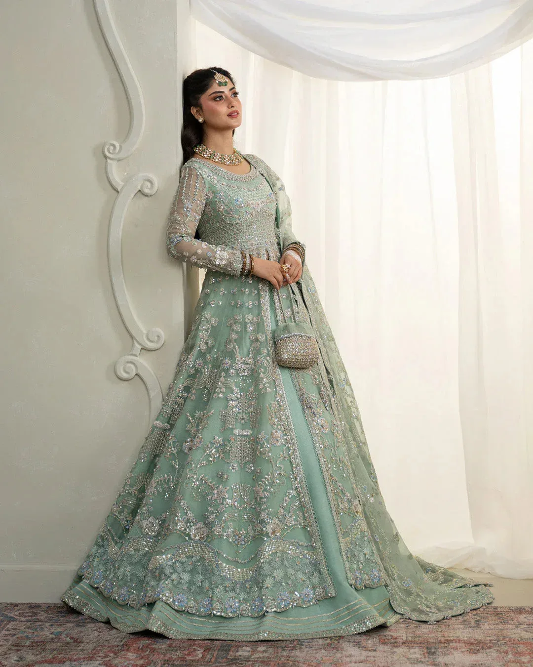 Faiza Saqlain Rua Wedding Formals Green Raw Silk – view 6 – Poshaq