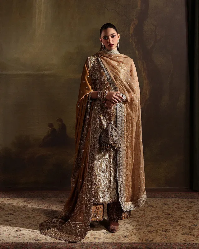 Faiza Saqlain Zaeva Wedding Formals Mustard Chiffon – view 1 – Poshaq