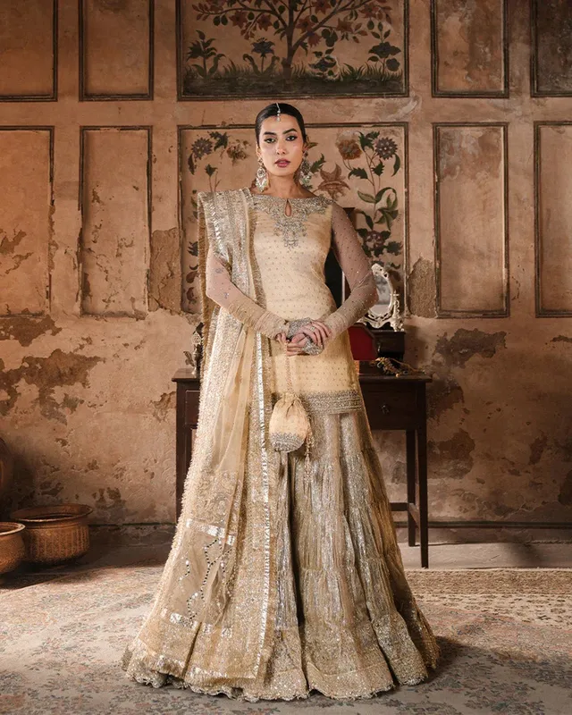 Faiza Saqlain Zimmal Formals Gold Net – view 1 – Poshaq