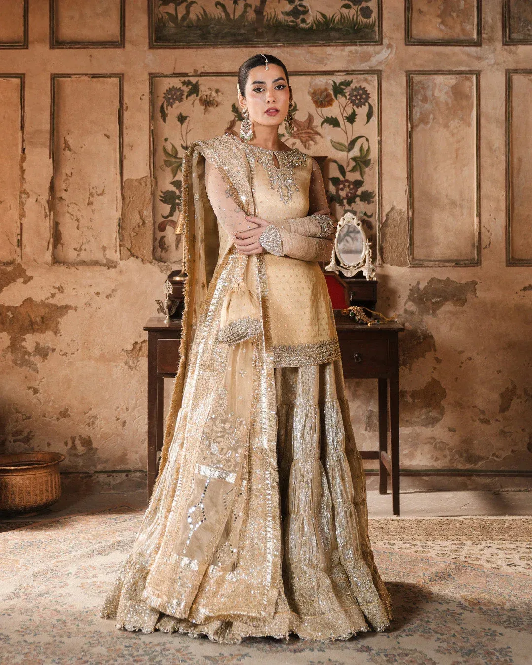 Faiza Saqlain Zimmal Formals Gold Net – view 2 – Poshaq