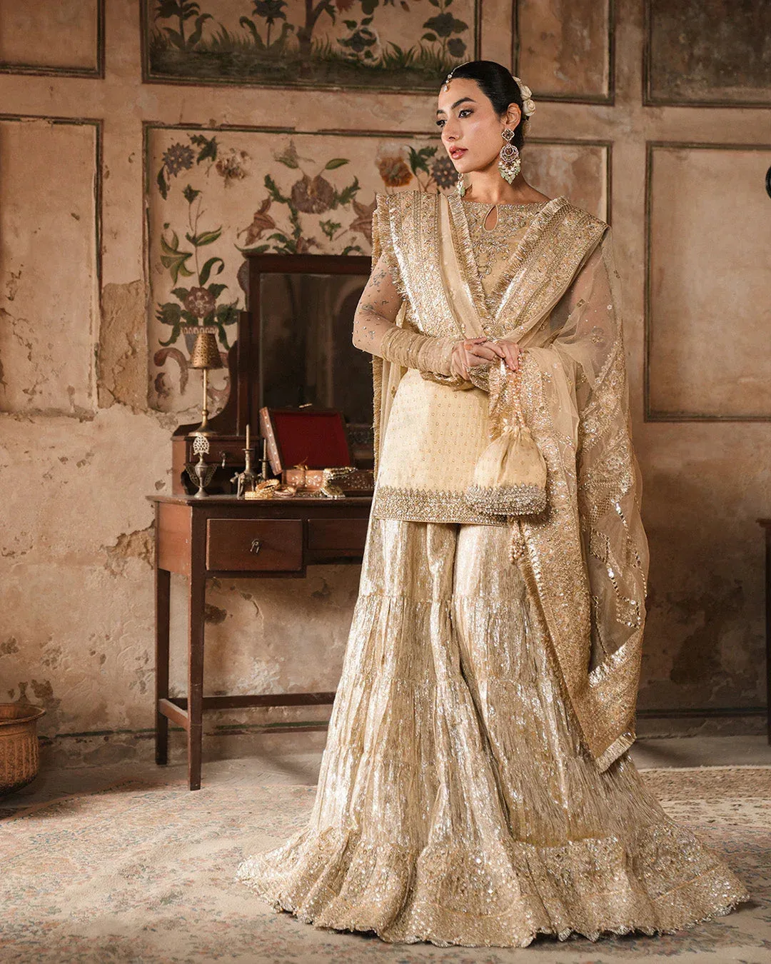 Faiza Saqlain Zimmal Formals Gold Net – view 3 – Poshaq