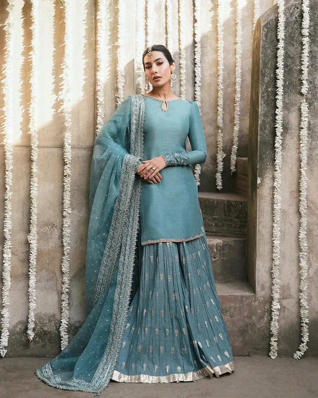 Faiza Saqlain Zimmal Formals Turquoise Raw Silk – view 1 – Poshaq