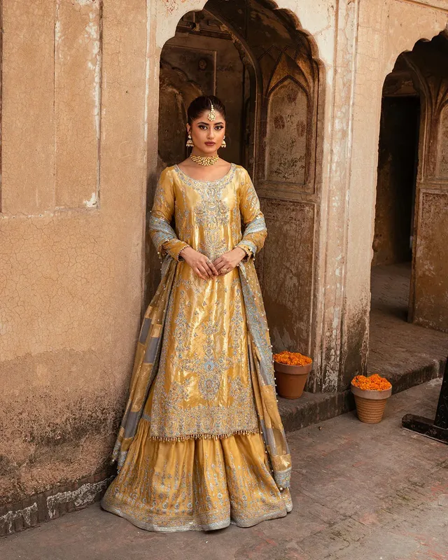 Faiza Saqlain Nira Festive Mustard Raw Silk – view 1 – Poshaq