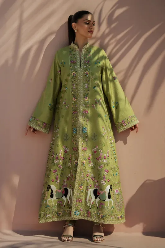 Raw silk embroidered shirt with matching culotte in neutral tone – view 1 – Poshaq
