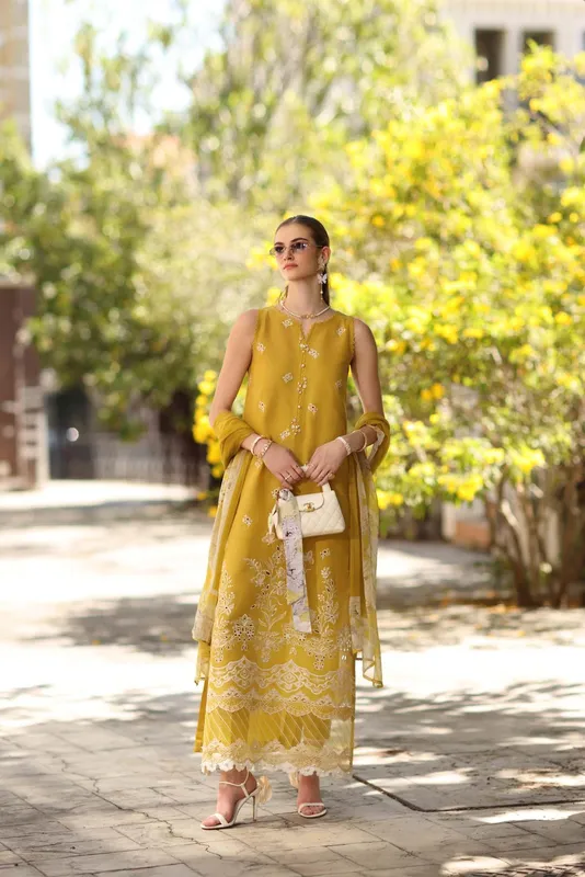 Noor by Saadia Asad Eid Luxe Printkhaas 26 Mustard Georgette – view 1 – Poshaq