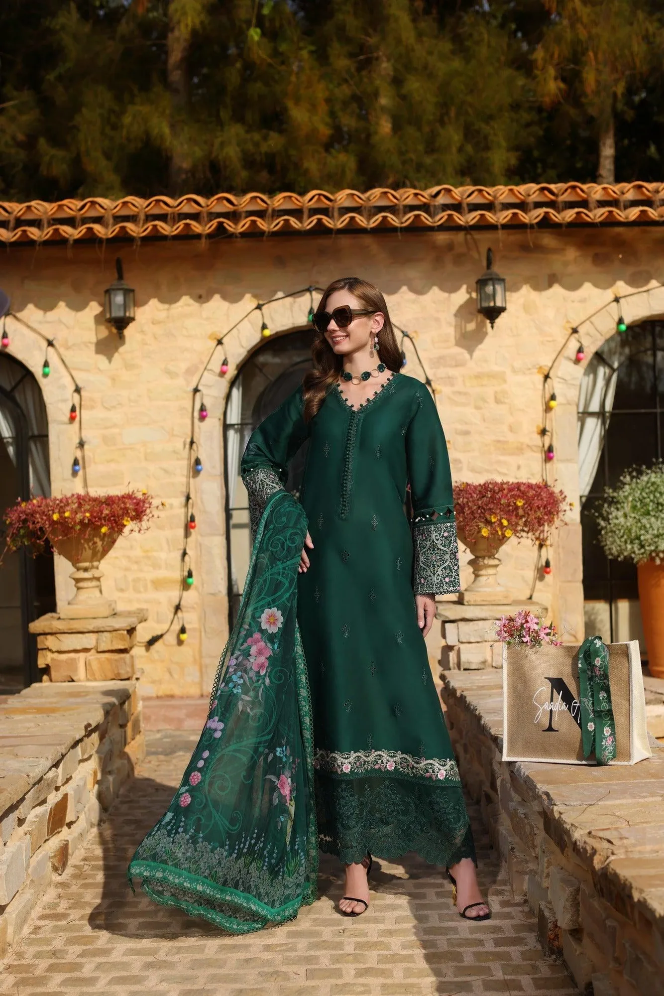Noor by Saadia Asad Luxe Printkari Green Chiffon – view 1 – Poshaq