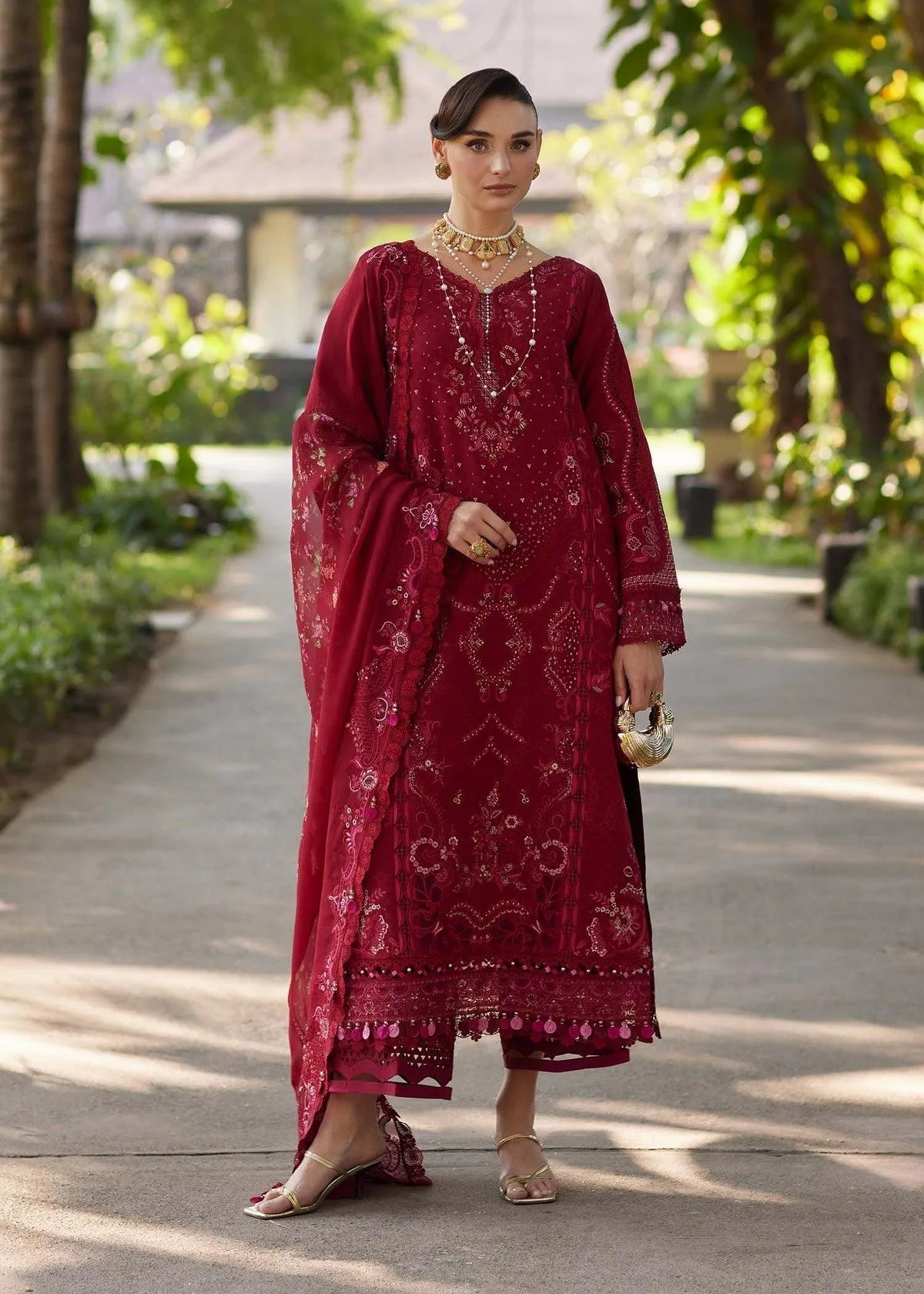 Kanwal Malik Ariya Luxury Lawn 26 Red Chiffon – view 1 – Poshaq
