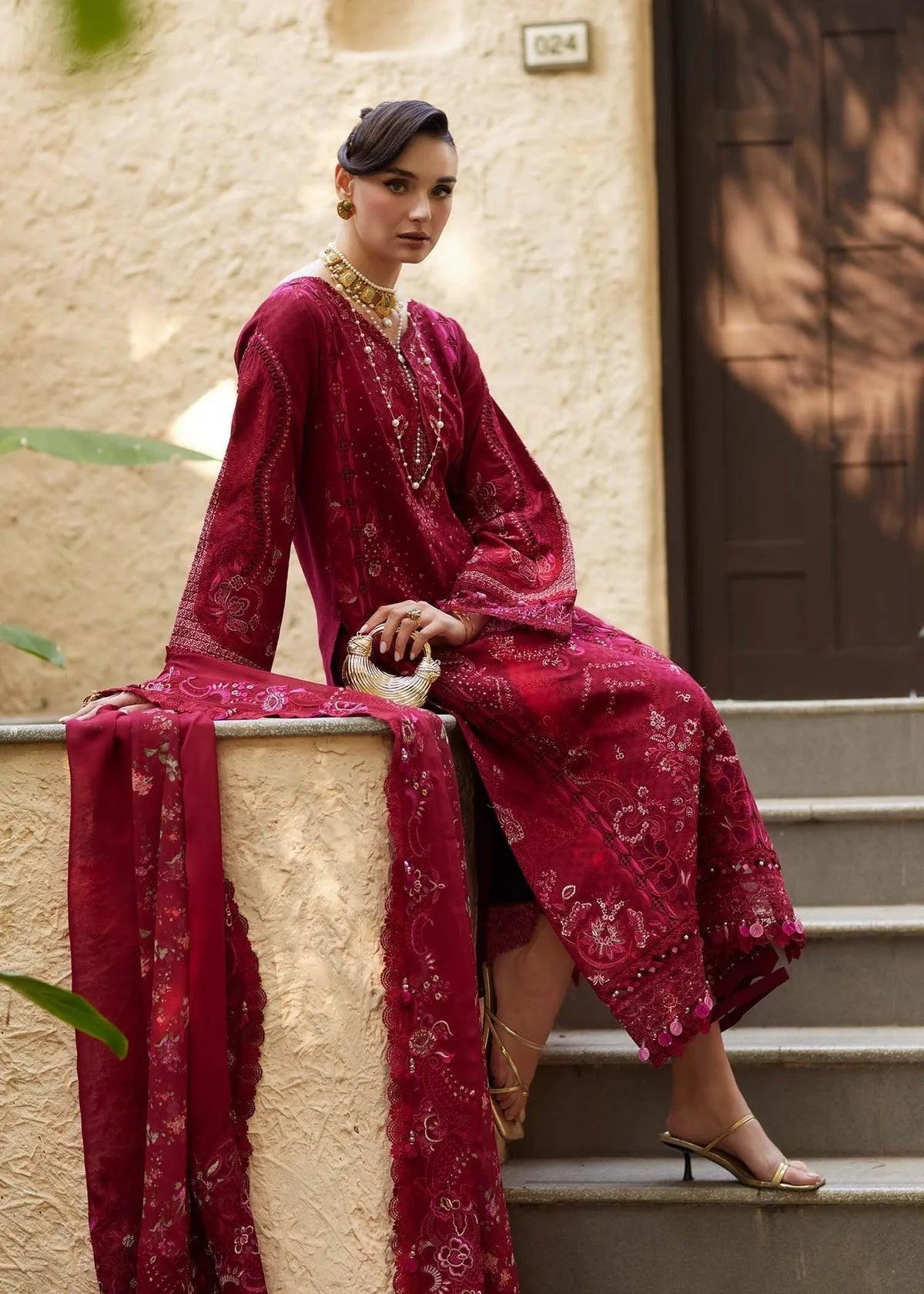 Kanwal Malik Ariya Luxury Lawn 26 Red Chiffon – view 5 – Poshaq