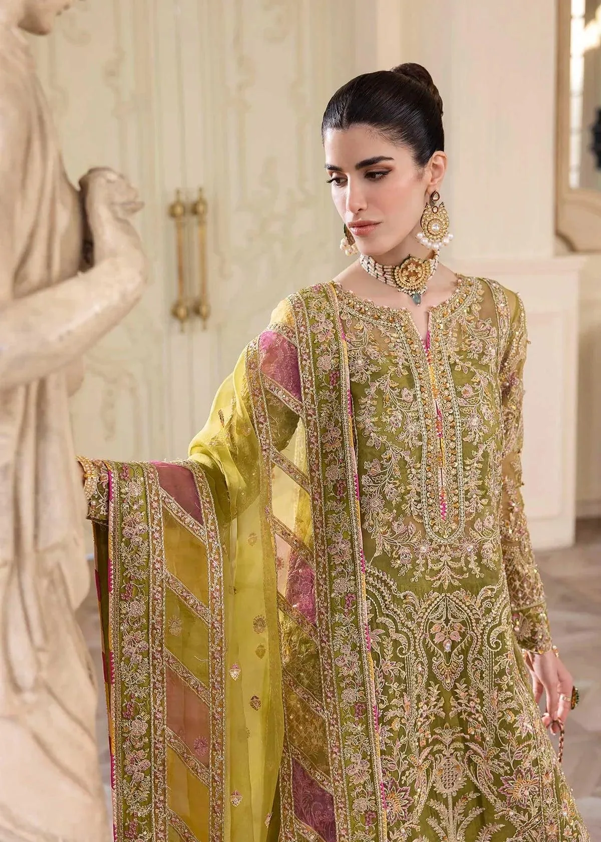 green dress with raw silk and organza details – view 2 – Poshaq