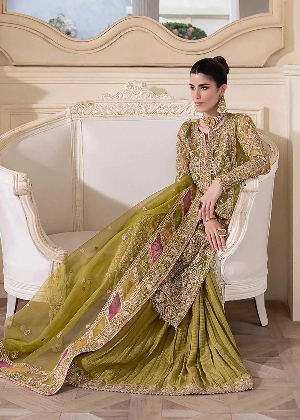 green dress with raw silk and organza details – view 3 – Poshaq