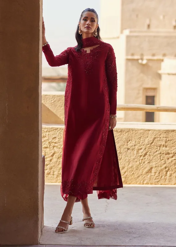 Kanwal Malik Ghina Luxury Pret Red Raw Silk – view 1 – Poshaq