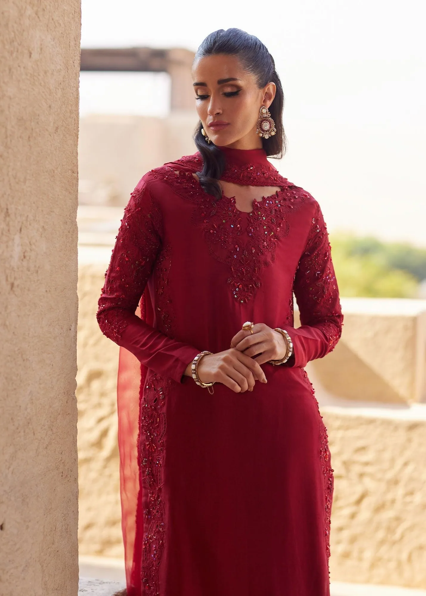 Kanwal Malik Ghina Luxury Pret Red Raw Silk – view 3 – Poshaq