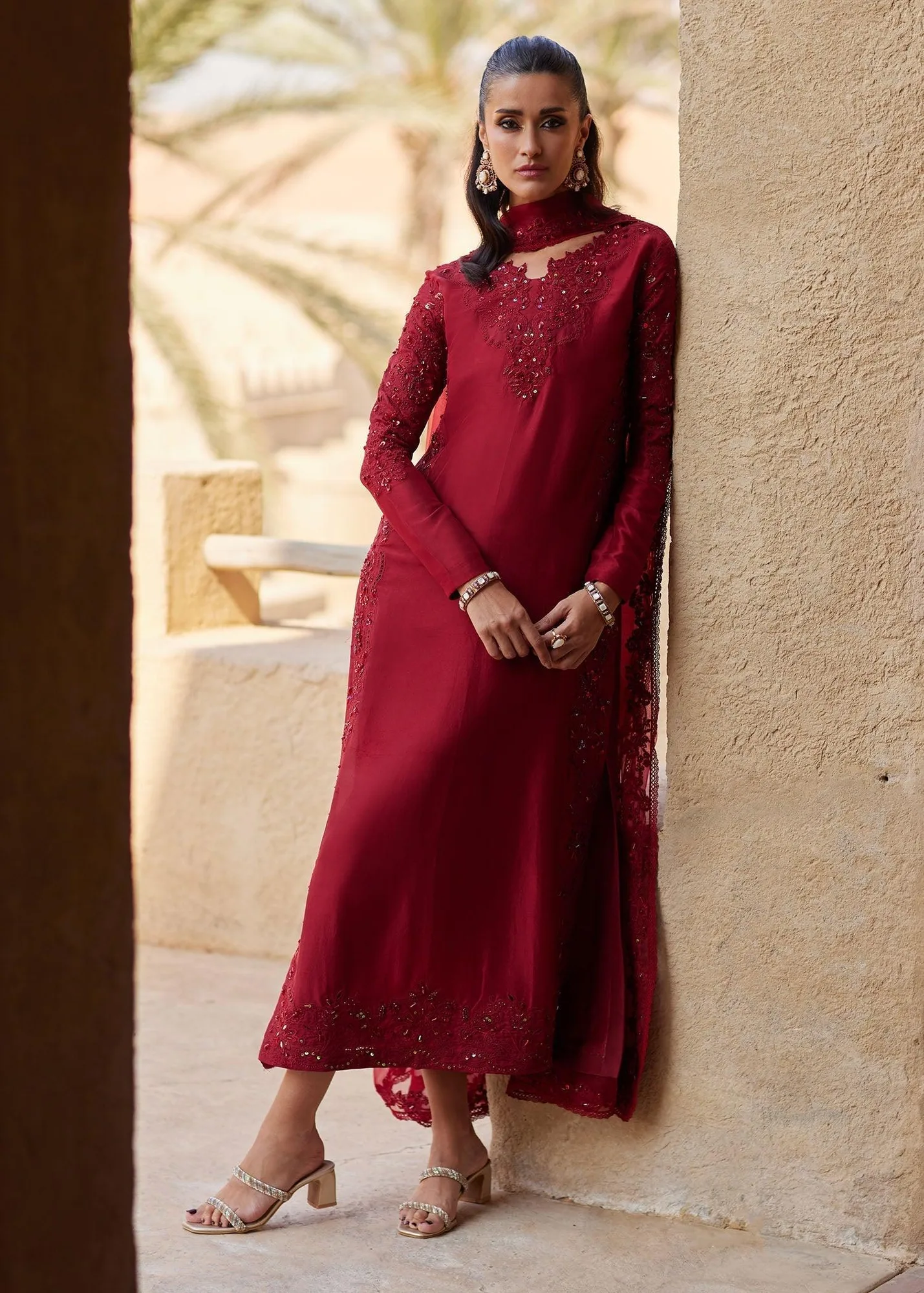Kanwal Malik Ghina Luxury Pret Red Raw Silk – view 4 – Poshaq