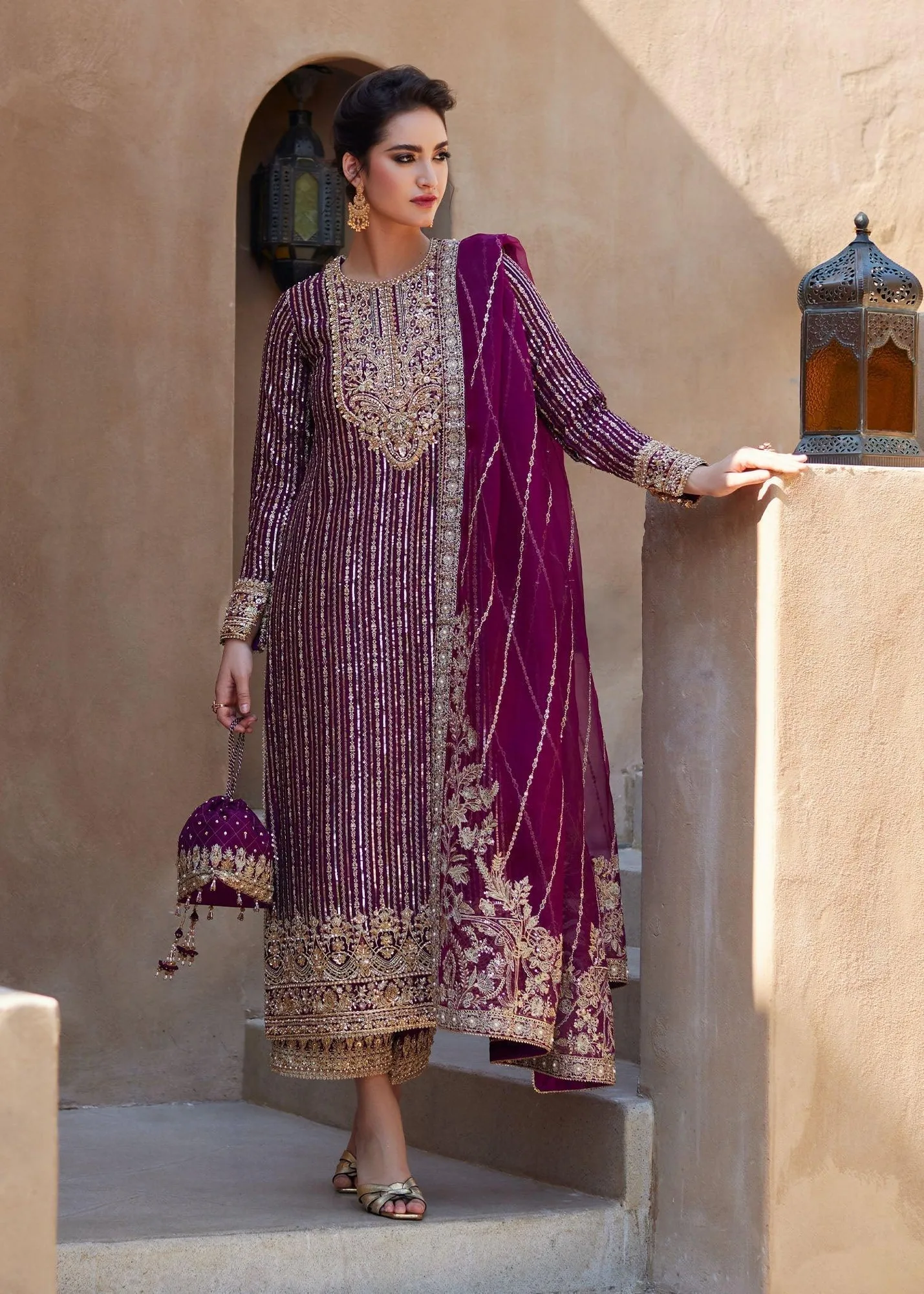 Kanwal Malik Laira Formals Plum Raw Silk – view 1 – Poshaq