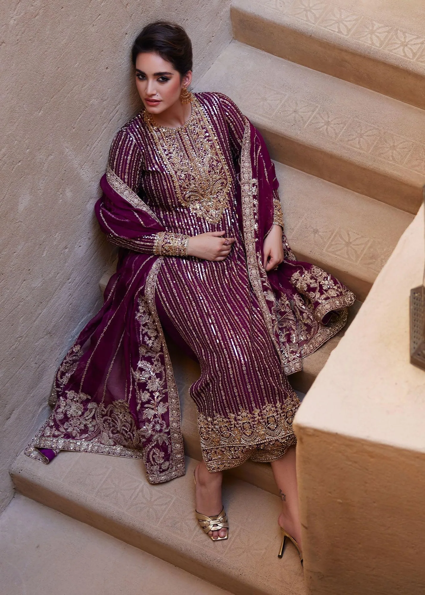 Kanwal Malik Laira Formals Plum Raw Silk – view 2 – Poshaq