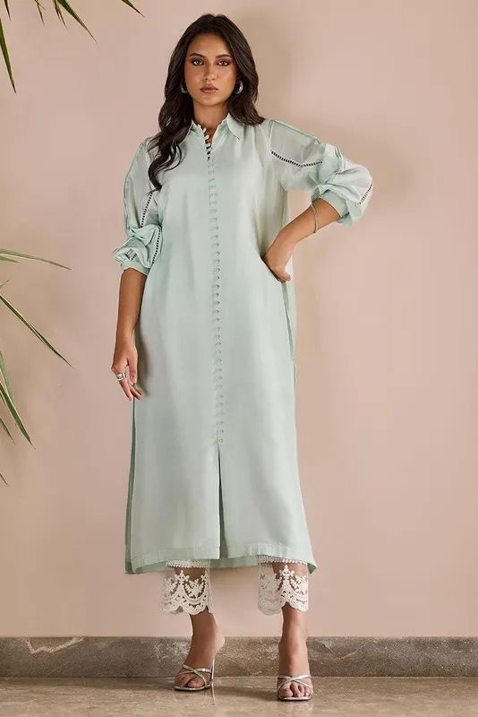 Deepak Perwani Nazia Eid Edit 26 Mint Raw Silk – view 1 – Poshaq