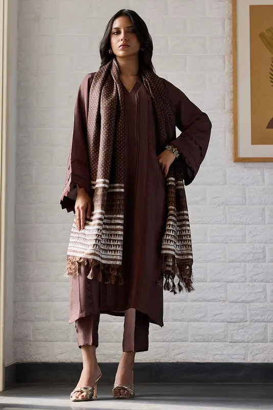 Deepak Perwani Nazia Eid Edit 26 Brown Raw Silk – view 1 – Poshaq
