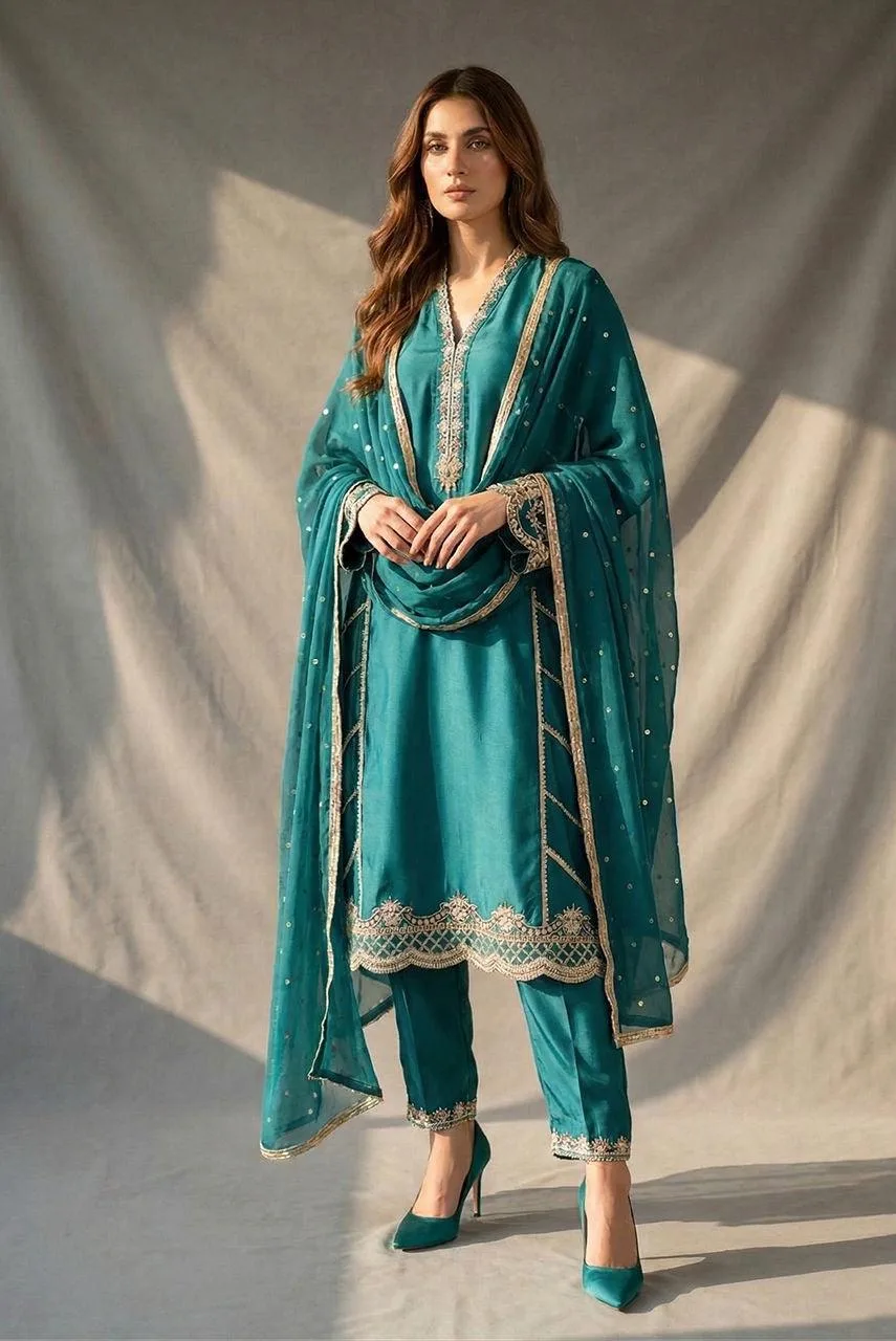 Deepak Perwani Nazia Eid Edit 26 Teal Silk – view 1 – Poshaq