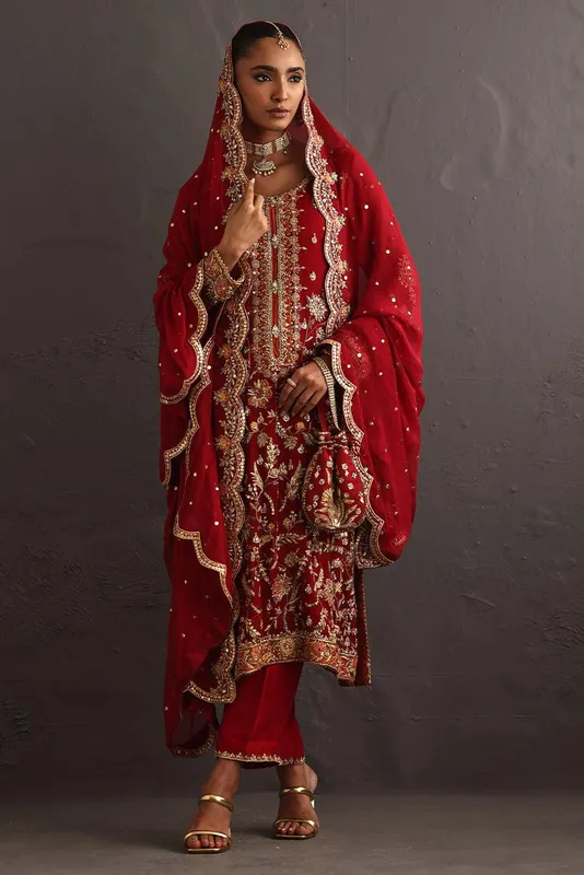 Deepak Perwani Diya Wedding Edit Red Raw Silk – view 1 – Poshaq