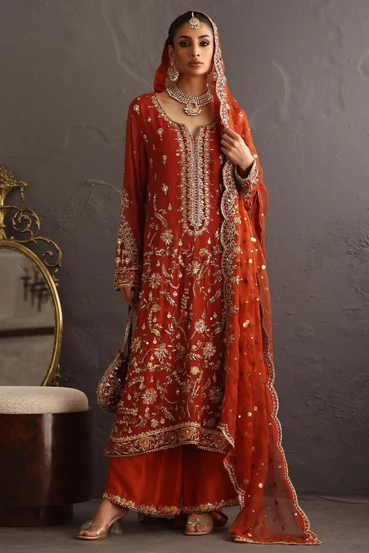 Deepak Perwani Diya Wedding Edit Orange Raw Silk – view 1 – Poshaq