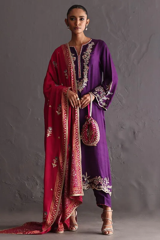 Deepak Perwani Diya Wedding Edit Fuchsia Raw Silk – view 1 – Poshaq
