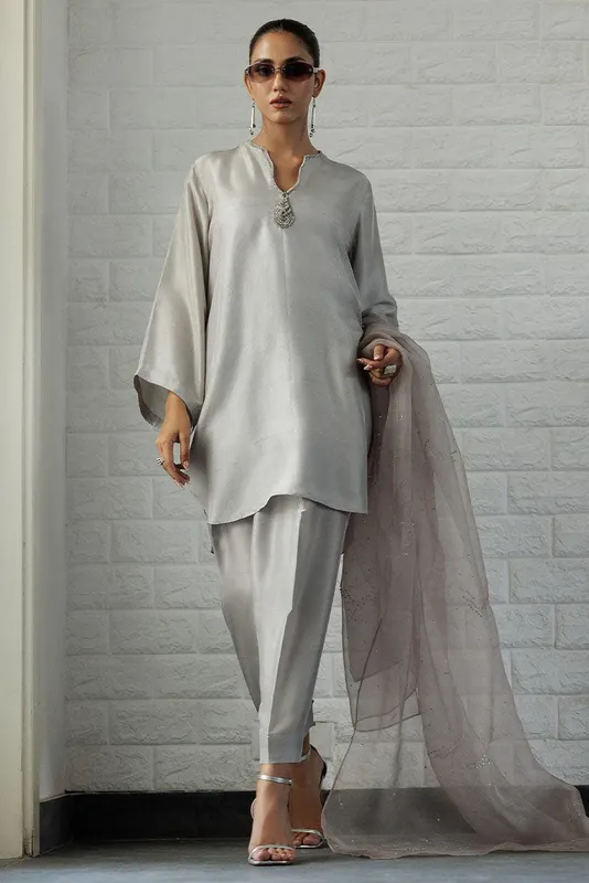 Deepak Perwani Summer Festive 25 Silver Raw Silk – view 1 – Poshaq