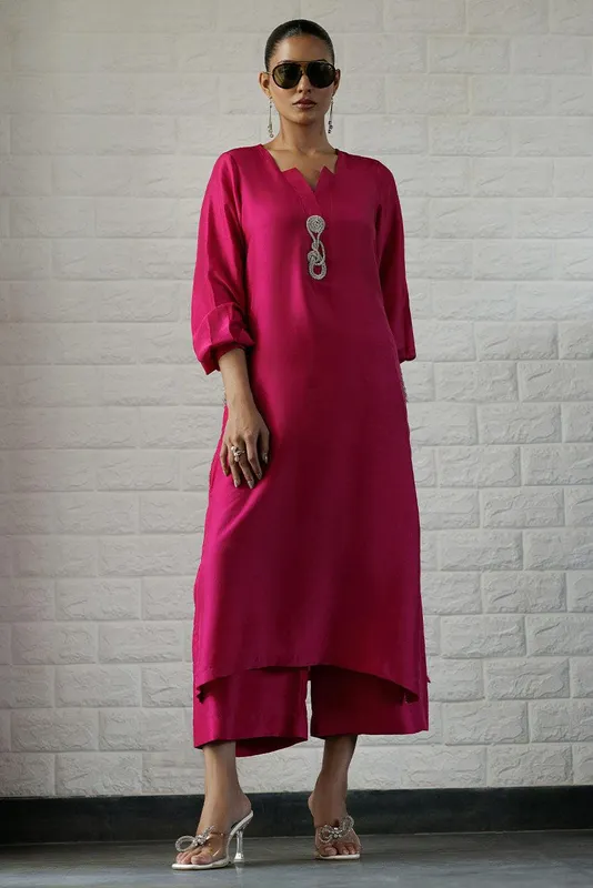 Deepak Perwani Summer Festive 25 Magenta Raw Silk – view 1 – Poshaq