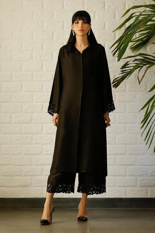 Deepak Perwani Lilah Silk Edit 24 Black Raw Silk – view 1 – Poshaq